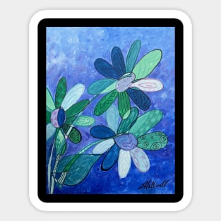 Cool Color Whimsical Daisies Acrylic / Mixed Media Painting Sticker